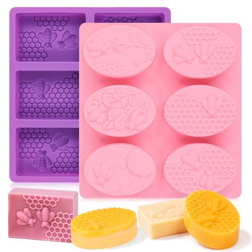 SJ Soap Molds 2 Packs, Oval and Rectangle 3D Honeycomb Silicone Soap Molds for Soap Making, 6 Cavity Mold for Homemade Soaps, DIY Wax Melts, Beeswax, Cake, Chocolate Bakeware, Purple ＆ Pink