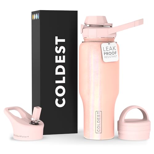 Coldest Sports Water Bottle - 3 in 1 Lids (Chug, Straw, Handle) - Insulated Stainless Steel Tumbler with Handle - Vacuum Water Flask Cup, Valentines Gifts for Him Her (36 oz, Forever Pink Glitter)