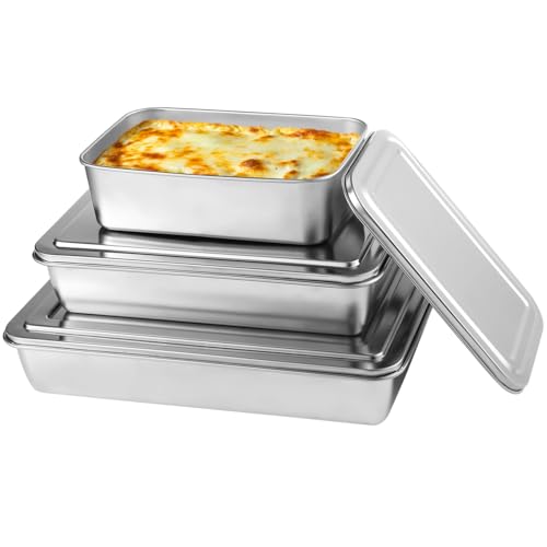 FELISTORY 3 Pcs Stainless Steel Cake Pan with Lid, 13/11/9 Inch Cake Pans Sets for Baking, Non-Stick Bread Loaf Pans, Rectangle Baking Bakeware for Bread, Cake, Meat, Vegetables