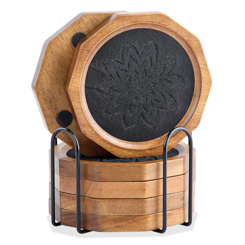 LiWiBet Wood Coasters for Drinks Absorbent with Lip, 4.3 Inch Rustic Acacia Wood Black Felt Coaster with Holder for Wooden Coffee Table for Cups, Mugs, and Glasses - Set of 6