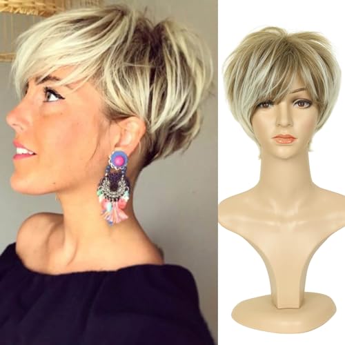 QUEENTAS Pixie Layered Short Wigs for Women Short Hair Wigs for Women Pixie Cut Wig Synthetic Hair Wig with Bangs (Blonde Mixed Brown)