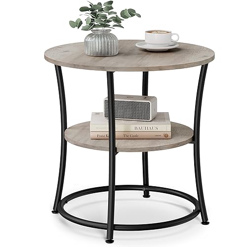 VASAGLE Side Table, 2-Tier Round End Table, Nightstand with Steel Frame for Small Spaces, Living Room, Bedroom, Heather Greige and Ink Black