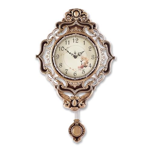 Aero Snail Retro Wall Clock with Pendulum, European Victoria Mid Century Style, Battery Operated Large Metal Silent Clock for Living Bedroom Wall Vintage Decor - Brown