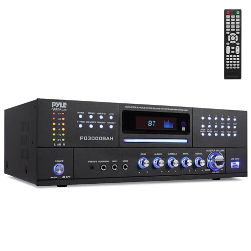 Pyle 4000W 4-Channel Wireless Bluetooth Amplifier - Stereo Home Audio Receiver with FM Radio - HDMI - USB - 2 Mic Inputs w/Echo - Front CD/DVD Player - Subwoofer Output - Rack Mount - PD3000BAH
