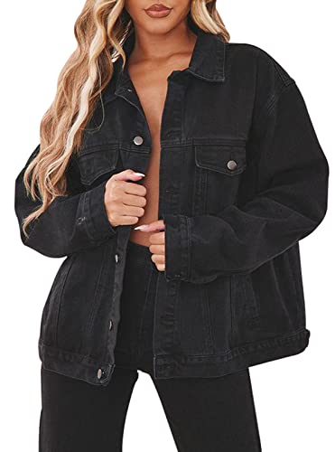 Black Denim Jacket for Women Oversized Casual Long Sleeve Jean Trucker Jackets with Pockets(Black,L)