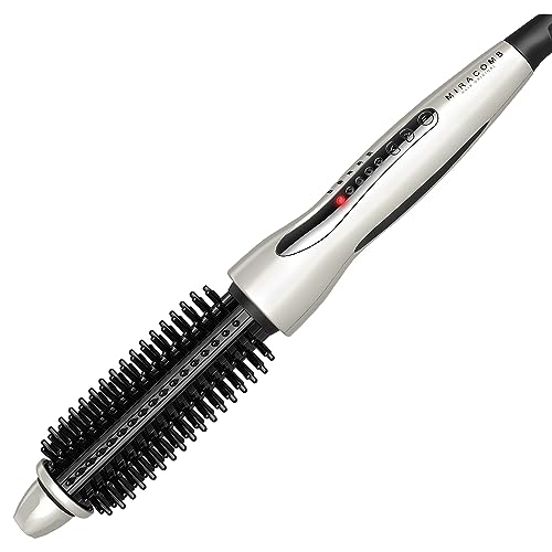 MIRACOMB Hair Curler Straightening Brush - Ceramic Tourmaline Flat Curling Iron - Cool Touch Round Brush PRO Multi Styler with 5 Heat Adjustments, 1 Inch Barrel, White (Enhanced)