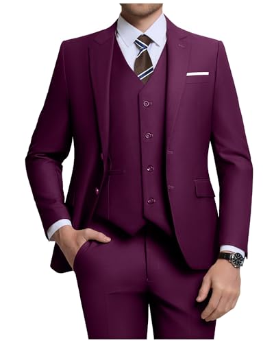 Mens Suits Big and Tall 3 Piece Plum Business Wedding Suits Tuxedos Groomsmen Prom Blazer Jacket Vest Pants Men Suit Set 5XL