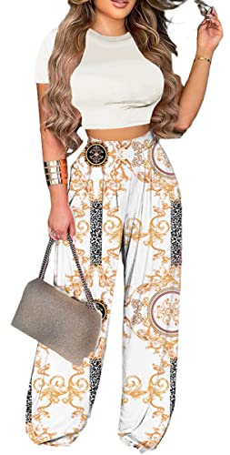 BFFBABY 2 Piece Outfits for Women Short Sleeve Crop Top High Waist Wide Leg Long Pant Sets Tracksuit Sport Set