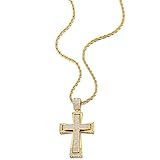 COOLSTEELANDBEYOND Mens Women Large Steel Cross Pendant Gold Color Necklace with Cubic Zirconia, 30 inches Wheat Chain