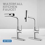 WEWE Waterfall Kitchen Faucet with Pull Down Sprayer, 3 Modes(Sweep/Stream/Waterfall) Rotary Switch Mode Stainless Steel Kitchen Sink Faucet Single Lever Handle Brushed Nickel Sink Fuacet