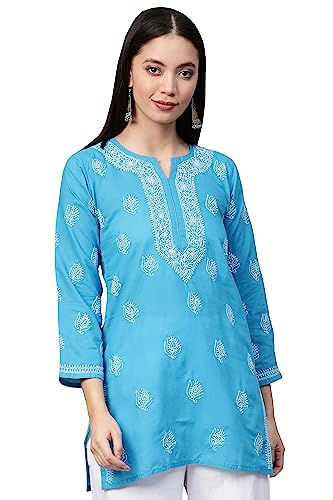 Ada Indian Needle Work Latest Chikankari Cotton Top Tunic Shirt Blouse for Women M210673 Blue