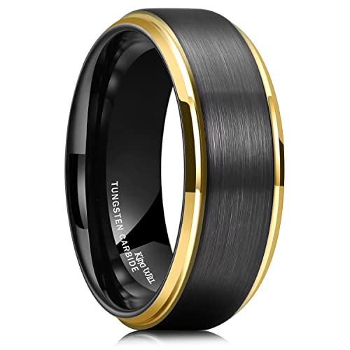 King Will Mens 8mm Black Tungsten Carbide Ring Matte Brushed Gold Plated Beveled Edge Wedding Band 9.5