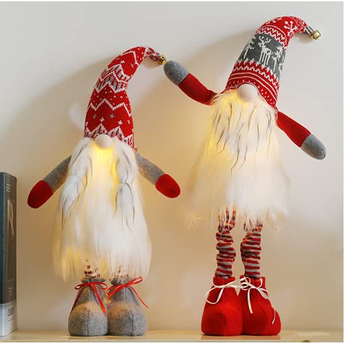 2pc Large Lighted Standing Christmas Gnome Decorations 21inch with Spring Leg Light up Christmas Knome Gift for Home Decor