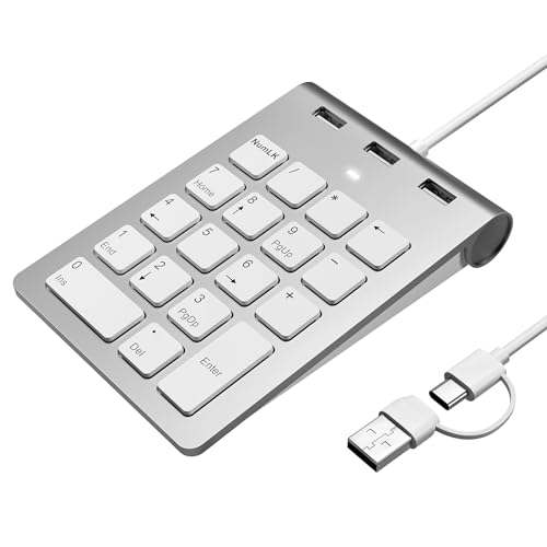 Wired Number Pad, USB Numeric Keypad with 3 USB 2.0 Ports, Portable Slim Mini 18 Key Number Pad Keyboard for Laptop Desktop Computer PC ChromeBook Surface Notebook
