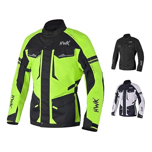 HWK Adventure Touring Motorcycle Jacket for Men, Water Resistant Cordura Textile Biker Jacket for Men, Durable and Stylish Moto Gear with CE Armor for Enduro Motorbike Riding - Hi-Vis Green, Medium