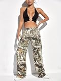 Women's Camo Cargo Pants High Waist Baggy Wide Leg Camouflage Army Fatigue Slim Fit Pockets Joggers Sweatpants S