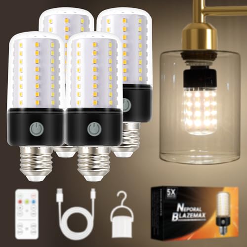 Neporal BlazeMax Battery Operated Light Bulb Bright, Rechargeable Light Bulbs with Remote and Time for Lamp and Sconce, Socket USB Rechargeable, Wide Dimming Range Battery Powered Light Bulb Home