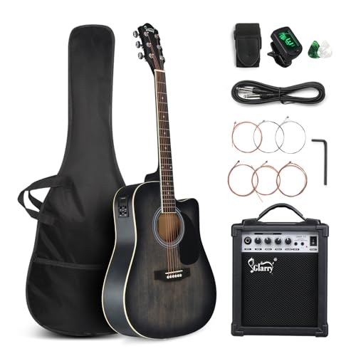 GLARRY Full Size 6 Strings Acoustic Electric Guitar Beginner Kit w/ 15W Amp, Cutaway 41 Inch Electric Acoustic Guitar w/Inbuilt Tuner, Bag, Strap, Picks, Strings, Basswood Guitarra, Distressed Black