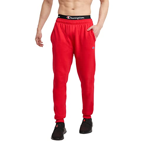 Champion Men's Fleece Joggers, Sweatpants, Standard Fit, Midweight, Script, Available in Regular and Big & Tall, Scarlet-C Patch Logo, Medium