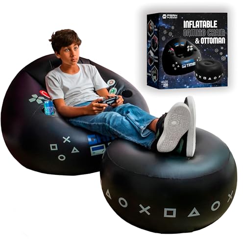 FranFusion Inflatable Gaming Chair for Kids & Teens with Cup Holders and Side Pocket - This Air Bean Bag Game Chair is The Perfect Furniture for Gamer Room Décor (Gaming Time with Ottoman)