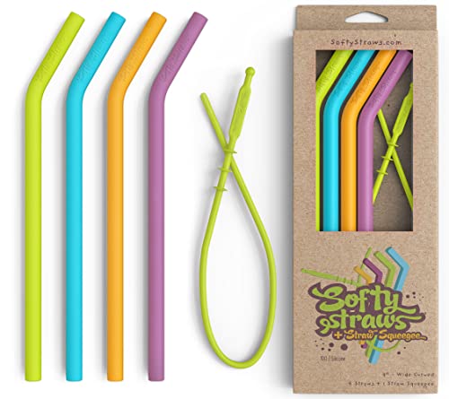 Softy Straws Wide Premium Reusable Silicone Drinking Straws + Patented Straw Squeegee - 9” Long With Curved Bend for 20 30 32 oz Tumblers Non Rubber, Flexible, Safe for Kids/Toddlers, Smoothie