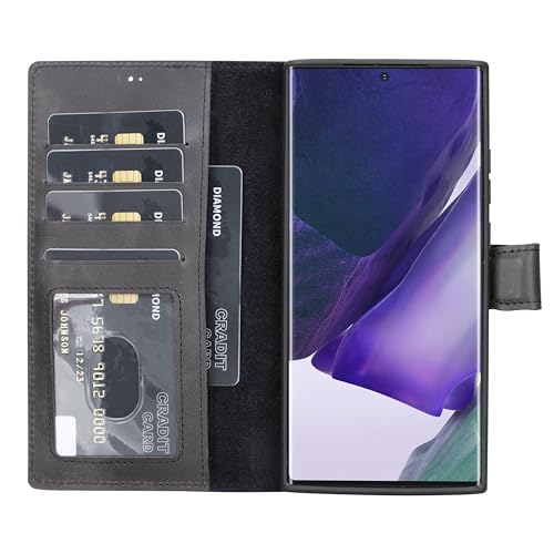 HARDISTON Compatible with Samsung Note 20 Ultra Wallet Case, Handmade Genuine Leather Detachable Magnetic Flip Cover Card Holders Customizable Horizontal Kickstand Wireless Charging Phone Case (Black)