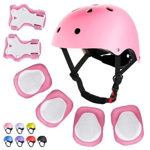 WayEee Kids Bike Helmet Set Skateboard Knee Pads, 7PCS Protective Gear Adjustable for Girls Boys 3-10 Age Elbow Pads Wrist Guards for Outdoor Sports Cycling Bike Roller Skating Scooter, Youth, Pink