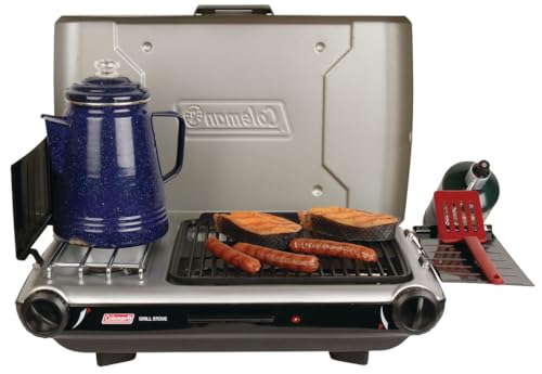 Coleman Tabletop 2-in-1 Grill & Stove with 2 Adjustable Burners, Propane Grill/Stove with Push-Button Starter, Wind Guards, Grease Tray, & 20,000 BTUs of Power for Camping, Tailgating, & More