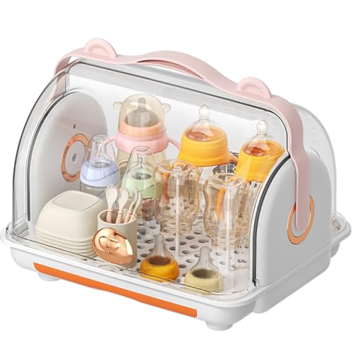 Nollapo Baby Bottle Drying Rack Storage, Nursing Bottle Storage Box Organizer with Cover, Portable Kitchen Cabinet Organizer, Durable countertop Dryer (Orange)