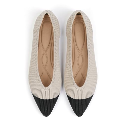 TINGRISE Women's Flats Shoes Pointed Toe Knit Ballet Comfortable Dressy Slip On Flat Black and Beige US7.5