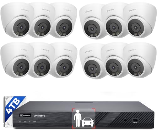 ONWOTE 16 Channel NVR PoE Security Camera System Wired, 12MP 4K 16CH Commercial NVR 4TB, Smart AI Color Night, 12x 6MP 122° Outdoor Audio IP Cameras, 12x Cables(Total 960ft), CCTV for Businesses Home