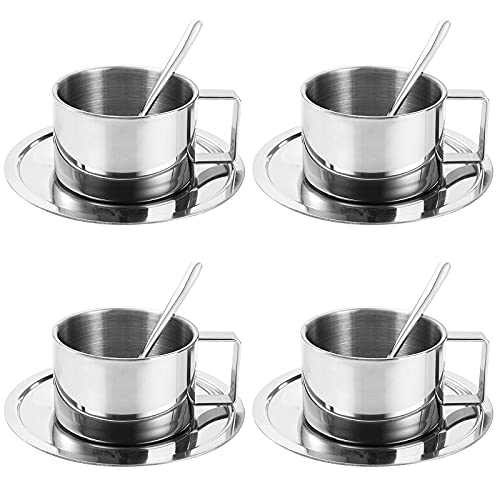 ZENFUN 4 Pack 6.8 oz Coffee Cups Set, 18/8 Stainless Steel Espresso Cup with Saucer and Spoon, Cute Coffee Mugs with Handle, Drinkware Cup for Latte, Cappuccino, Milk, Tea