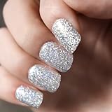 Silver Glitter Press on Nails Short Square Fake Nails Glossy Squoval False Nails with Designs Solid Color Acrylic Nails Set White Glitter Full Cover Glue on Nails for Women Nails Art Decoration 24Pcs