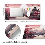 Pink Japanese Sakura Gaming Mouse Pad XXL Cherry Blossom Tower Mountain Landscape Big Extended Large Desk Mat Non-Slip Rubber Base Stitched Edge Long Mousepad for Computer Gamer, 35.4 x 15.7 in