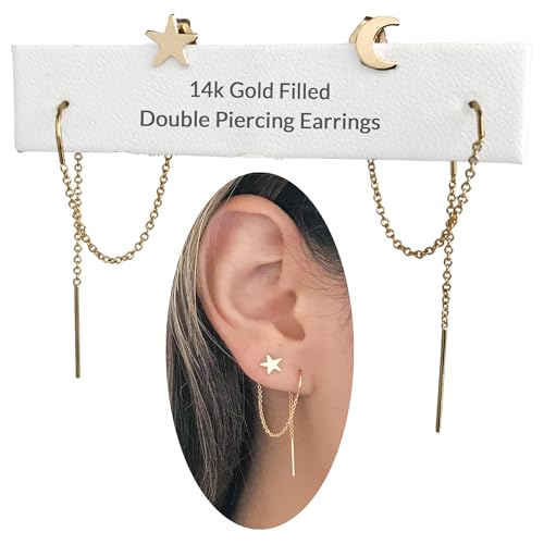 Double Piercing Earrings, Double Earrings for Two Holes Set, Chain 2 Hole Connected Threader Austin Down to Earth 14k Gold Filled or Sterling Silver (Gold, Star and Moon)