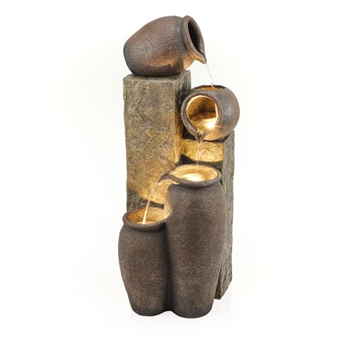 Alpine Corporation GIL140 43" Tall Indoor Outdoor Pottery Fountain with Replaceable LED Lights, Water Feature for Garden, Patio, and Home Decor, Brown