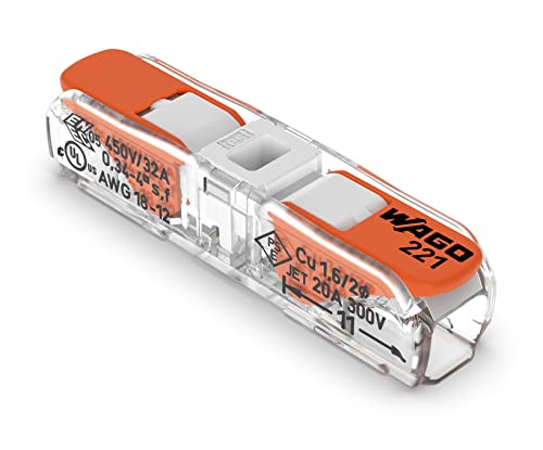 221-2401 | WAGO Lever-Nuts® Inline Splicing Connector | for Solid and Stranded Conductors | 2-Conductor with Operating levers | 24-12 AWG | Transparent housing | White Cover | [Box of 60 Pieces]