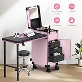 EASYINBEAUTY Rolling Portable Manicure Table with 3 Drawers, Mirror & Nail Polish Organizer, Lockable Makeup Train Case with Foldable Nail Desk, Cosmetic Travel Case for Workstation Mobile, Nail tech