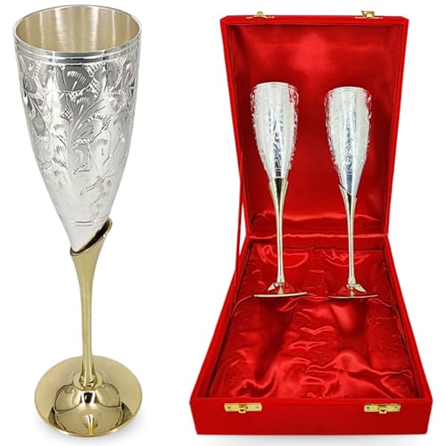 Handmade Silver Plated Brass Champagne Toasting Flutes - Engraved Wine Glasses Chalice Goblets With Velvet Box - Brass Wine Champagne Goblets For Wedding Housewarming Gift Home Décor Couple Gift