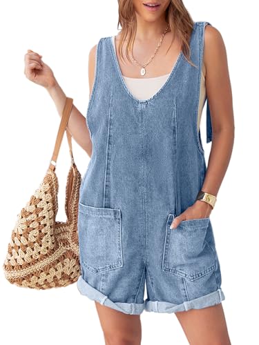 Glamaker Womens Summer Denim Romper Overall Shorts Casual Sleeveless V Neck Jean Romper Denim Outfit Short Jumpsuits 2025 With Pockets(Denim Blue XL)