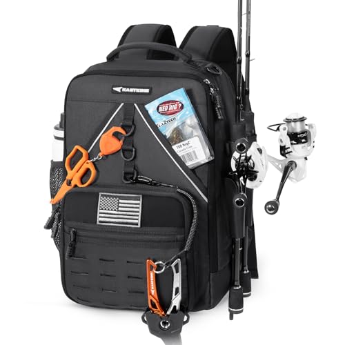 KastKing KarryAll KastMate Fishing Tackle Backpack,Water-Resistant Fishing Bag With 2 Rod Holders,Fishing Gear and Equipment With Large Gear Storage,Black