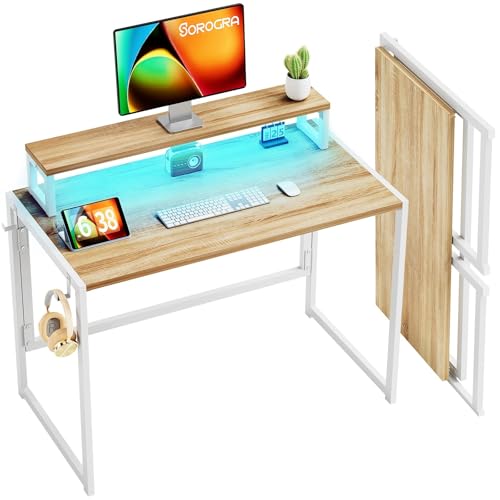 SOROGRA Small Folding Desk 39.4 Inch, Foldable Computer Desks with LED Lights and Monitor Stand, Work Portable Table for Bedroom Home Office, Oak