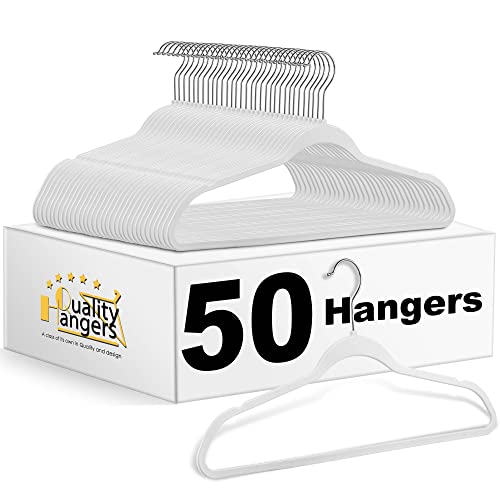 Quality Hangers Non-Velvet Plastic Hangers, Heavy Duty Space-Saving Functional Non-Flocked Closet Hangers Set with Chrome Swivel Hook For Coat, Clothes, White, 50 Pack