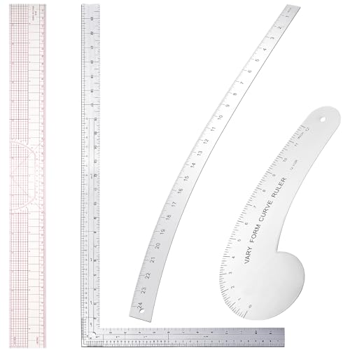 Xuhal 4 Pcs Fashion Sewing Ruler with French Curves Aluminum Designers Ruler Kit Includes Curve, Hip, L Square and Plastic Grading for Design Crafts Sewing