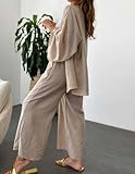 ZAFUL Women 2 Pieces Pants Set Loose Fit Outfits Casual Linen Cardigen Wide Leg Lounge Sets