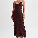 3D Flower Suspender Sexy Dress Floral Knitted and Buttocks Wrapped Long Skirt Backless Maxi Spaghetti Strap Tank Dress Bodycon Knitted Beach Long Dress Backless Swim Cover up Dress(Chestnut,M)