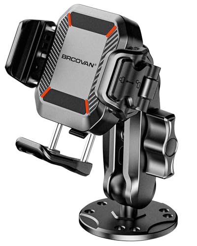 BRCOVAN Anti-Theft Phone Mount Holder with Vibration Dampener [Camera Friendly] [1s Lock & Release] with Aluminum Round Base & Medium Arm, for Car Boat Truck Motorcycle UTV, Fit 5.4-7.2'' Smartphones