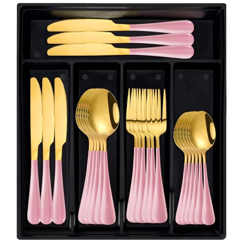 24-Piece Flatware Set with Organizer,Heavy Duty Stainless Steel Silverware for 6,Pink Cutlery Utensil Sets with Antiskid Handle，Rust-proof Stainless Steel Cutlery, Mirror Polished (Pink)