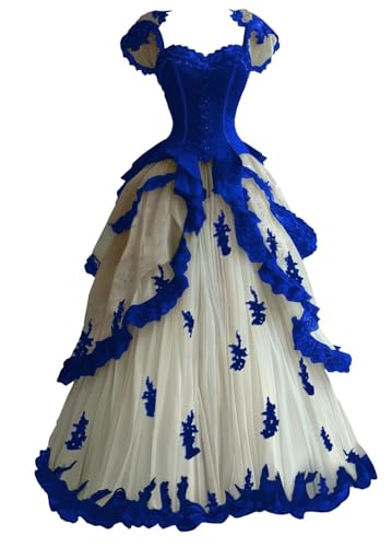 KPDFIF Layered Quinceanera Dresses Royal Blue and White Lace Applique Wedding Dresses for Bride with Cap Sleeves Gothic Bride Dress Size 16Plus