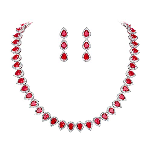 EleQueen Women's Wedding Bridal Full Prong Cubic Zirconia Teardrop Necklace Earrings Set for Brides Bridesmaids Ruby Color